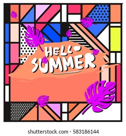 Trendy vector summer cards illustration with line elements and abstract colorful textures. Design for poster, card, invitation, brochure, and promotion template. Fashion art print and background.