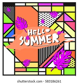 Trendy vector summer cards illustration with line elements and abstract colorful textures. Design for poster, card, invitation, brochure, and promotion template. Fashion art print and background.
