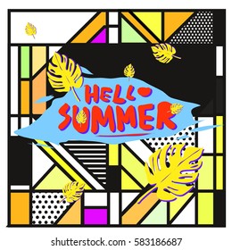 Trendy vector summer cards illustration with line elements and abstract colorful textures. Design for poster, card, invitation, brochure, and promotion template. Fashion art print and background.
