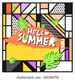 Trendy vector summer cards illustration with line elements and abstract colorful textures. Design for poster, card, invitation, brochure, and promotion template. Fashion art print and background.