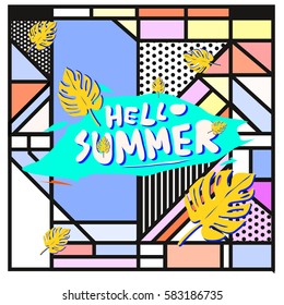 Trendy vector summer cards illustration with line elements and abstract colorful textures. Design for poster, card, invitation, brochure, and promotion template. Fashion art print and background.