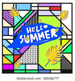 Trendy vector summer cards illustration with line elements and abstract colorful textures. Design for poster, card, invitation, brochure, and promotion template. Fashion art print and background.