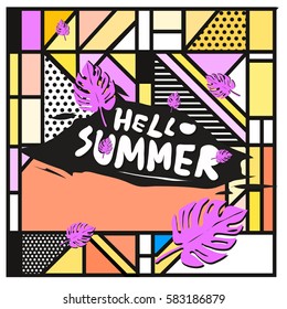 Trendy vector summer cards illustration with line elements and abstract colorful textures. Design for poster, card, invitation, brochure, and promotion template. Fashion art print and background.
