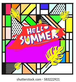 Trendy vector summer cards illustration with line elements and abstract colorful textures. Design for poster, card, invitation, brochure, and promotion template. Fashion art print and background.