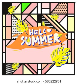 Trendy vector summer cards illustration with line elements and abstract colorful textures. Design for poster, card, invitation, brochure, and promotion template. Fashion art print and background.