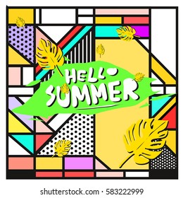 Trendy vector summer cards illustration with line elements and abstract colorful textures. Design for poster, card, invitation, brochure, and promotion template. Fashion art print and background.