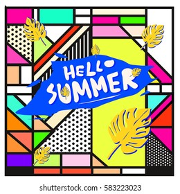 Trendy vector summer cards illustration with line elements and abstract colorful textures. Design for poster, card, invitation, brochure, and promotion template. Fashion art print and background.