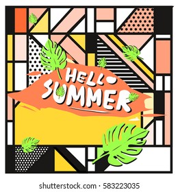 Trendy vector summer cards illustration with line elements and abstract colorful textures. Design for poster, card, invitation, brochure, and promotion template. Fashion art print and background.