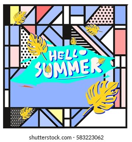 Trendy vector summer cards illustration with line elements and abstract colorful textures. Design for poster, card, invitation, brochure, and promotion template. Fashion art print and background.