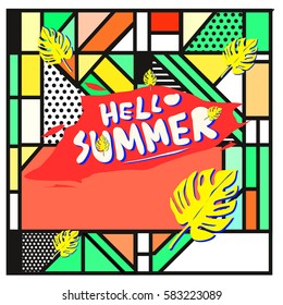 Trendy vector summer cards illustration with line elements and abstract colorful textures. Design for poster, card, invitation, brochure, and promotion template. Fashion art print and background.