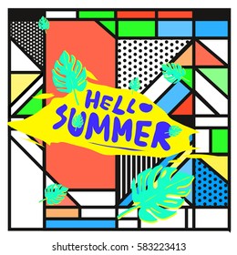 Trendy vector summer cards illustration with line elements and abstract colorful textures. Design for poster, card, invitation, brochure, and promotion template. Fashion art print and background.