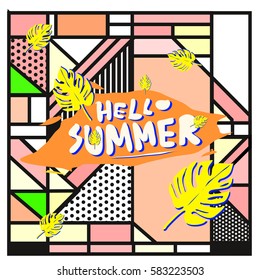 Trendy vector summer cards illustration with line elements and abstract colorful textures. Design for poster, card, invitation, brochure, and promotion template. Fashion art print and background.