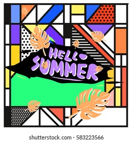 Trendy vector summer cards illustration with line elements and abstract colorful textures. Design for poster, card, invitation, brochure, and promotion template. Fashion art print and background.