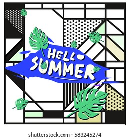 Trendy vector summer cards illustration with line elements and abstract colorful textures. Design for poster, card, invitation, brochure, and promotion template. Fashion art print and background.