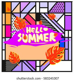 Trendy vector summer cards illustration with line elements and abstract colorful textures. Design for poster, card, invitation, brochure, and promotion template. Fashion art print and background.