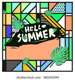 Trendy vector summer cards illustration with line elements and abstract colorful textures. Design for poster, card, invitation, brochure, and promotion template. Fashion art print and background.