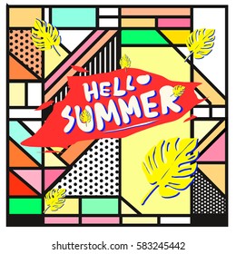Trendy vector summer cards illustration with line elements and abstract colorful textures. Design for poster, card, invitation, brochure, and promotion template. Fashion art print and background.