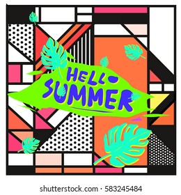 Trendy vector summer cards illustration with line elements and abstract colorful textures. Design for poster, card, invitation, brochure, and promotion template. Fashion art print and background.