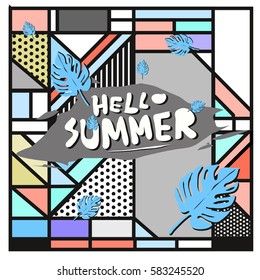 Trendy vector summer cards illustration with line elements and abstract colorful textures. Design for poster, card, invitation, brochure, and promotion template. Fashion art print and background.