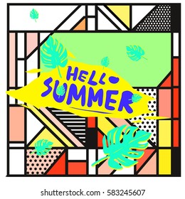 Trendy vector summer cards illustration with line elements and abstract colorful textures. Design for poster, card, invitation, brochure, and promotion template. Fashion art print and background.
