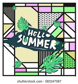 Trendy vector summer cards illustration with line elements and abstract colorful textures. Design for poster, card, invitation, brochure, and promotion template. Fashion art print and background.