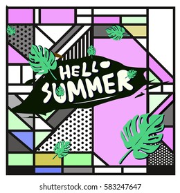 Trendy vector summer cards illustration with line elements and abstract colorful textures. Design for poster, card, invitation, brochure, and promotion template. Fashion art print and background.