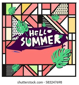 Trendy vector summer cards illustration with line elements and abstract colorful textures. Design for poster, card, invitation, brochure, and promotion template. Fashion art print and background.