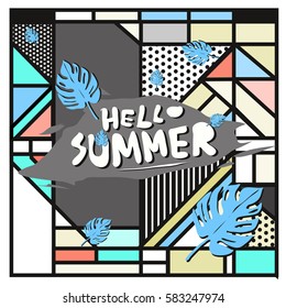 Trendy vector summer cards illustration with line elements and abstract colorful textures. Design for poster, card, invitation, brochure, and promotion template. Fashion art print and background.