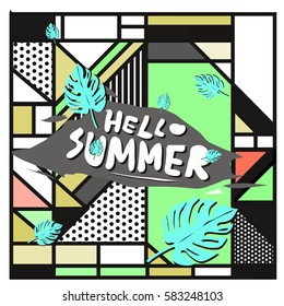 Trendy vector summer cards illustration with line elements and abstract colorful textures. Design for poster, card, invitation, brochure, and promotion template. Fashion art print and background.