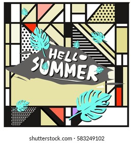 Trendy vector summer cards illustration with line elements and abstract colorful textures. Design for poster, card, invitation, brochure, and promotion template. Fashion art print and background.