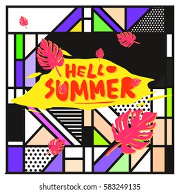 Trendy vector summer cards illustration with line elements and abstract colorful textures. Design for poster, card, invitation, brochure, and promotion template. Fashion art print and background.
