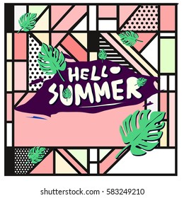 Trendy vector summer cards illustration with line elements and abstract colorful textures. Design for poster, card, invitation, brochure, and promotion template. Fashion art print and background.