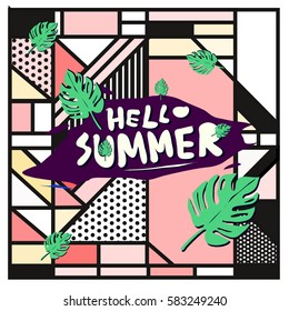 Trendy vector summer cards illustration with line elements and abstract colorful textures. Design for poster, card, invitation, brochure, and promotion template. Fashion art print and background.
