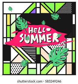 Trendy vector summer cards illustration with line elements and abstract colorful textures. Design for poster, card, invitation, brochure, and promotion template. Fashion art print and background.