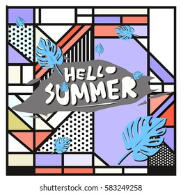 Trendy vector summer cards illustration with line elements and abstract colorful textures. Design for poster, card, invitation, brochure, and promotion template. Fashion art print and background.