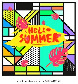 Trendy vector summer cards illustration with line elements and abstract colorful textures. Design for poster, card, invitation, brochure, and promotion template. Fashion art print and background.