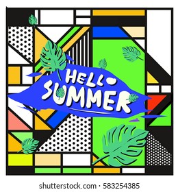 Trendy vector summer cards illustration with line elements and abstract colorful textures. Design for poster, card, invitation, brochure, and promotion template. Fashion art print and background.