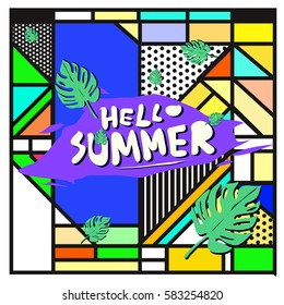 Trendy vector summer cards illustration with line elements and abstract colorful textures. Design for poster, card, invitation, brochure, and promotion template. Fashion art print and background.