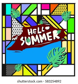 Trendy vector summer cards illustration with line elements and abstract colorful textures. Design for poster, card, invitation, brochure, and promotion template. Fashion art print and background.