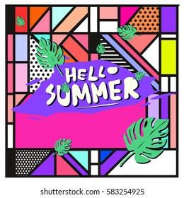 Trendy vector summer cards illustration with line elements and abstract colorful textures. Design for poster, card, invitation, brochure, and promotion template. Fashion art print and background.