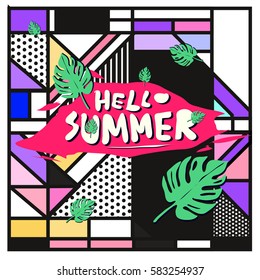 Trendy vector summer cards illustration with line elements and abstract colorful textures. Design for poster, card, invitation, brochure, and promotion template. Fashion art print and background.