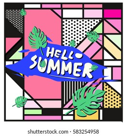 Trendy vector summer cards illustration with line elements and abstract colorful textures. Design for poster, card, invitation, brochure, and promotion template. Fashion art print and background.