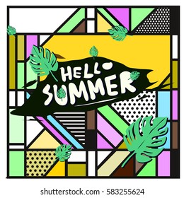 Trendy vector summer cards illustration with line elements and abstract colorful textures. Design for poster, card, invitation, brochure, and promotion template. Fashion art print and background.