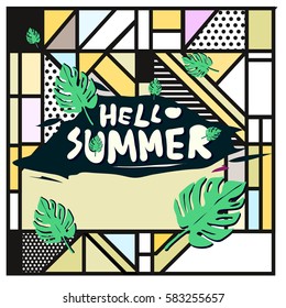 Trendy vector summer cards illustration with line elements and abstract colorful textures. Design for poster, card, invitation, brochure, and promotion template. Fashion art print and background.