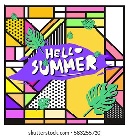 Trendy vector summer cards illustration with line elements and abstract colorful textures. Design for poster, card, invitation, brochure, and promotion template. Fashion art print and background.
