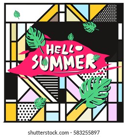 Trendy vector summer cards illustration with line elements and abstract colorful textures. Design for poster, card, invitation, brochure, and promotion template. Fashion art print and background.