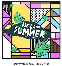 Trendy vector summer cards illustration with line elements and abstract colorful textures. Design for poster, card, invitation, brochure, and promotion template. Fashion art print and background.