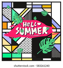 Trendy vector summer cards illustration with line elements and abstract colorful textures. Design for poster, card, invitation, brochure, and promotion template. Fashion art print and background.