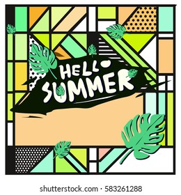 Trendy vector summer cards illustration with line elements and abstract colorful textures. Design for poster, card, invitation, brochure, and promotion template. Fashion art print and background.