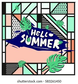 Trendy vector summer cards illustration with line elements and abstract colorful textures. Design for poster, card, invitation, brochure, and promotion template. Fashion art print and background.